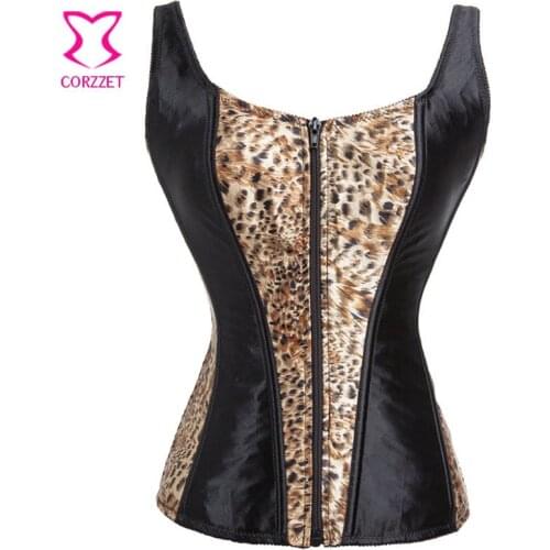 Burlesque Corpete Satin Fabric Front Zipper Sexy Leopard Corset Top Steampunk Bustier Womens Corsets Lingerie For Waist Trainer