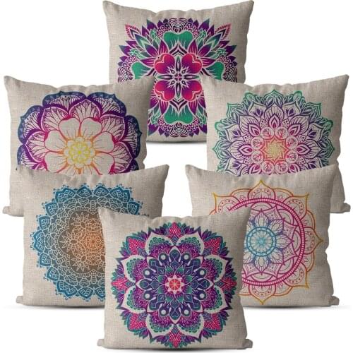 Mandala Print Pillow Covers Decorative 40*40 45*45 Linen Beige Black Farmhouse Pillow Cover for Living Room Cushion Cover