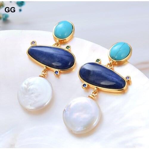 GuaiGuai Jewelry Natural Cultured White Coin Pearl Real Sodalite Turquoise Drop Stud Earrings For Women