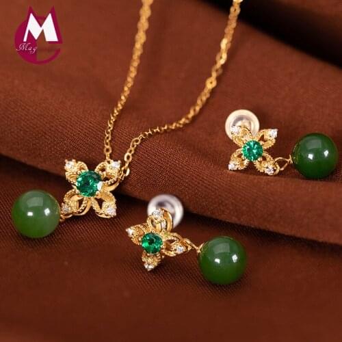 Women Set 100% Real 925 sterling silver Gold Plated Natural stone Jasper Necklace Pendant Earing African jewelry sets 2019 S04