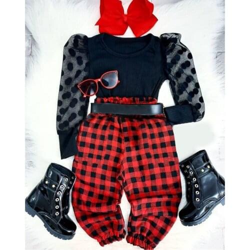 1-5Years Kids Girls Clothes Set 2021 Summer Autumn Mesh Puff Long Sleeve Knit Shirts + Plaid Loose Pants Children Outfits