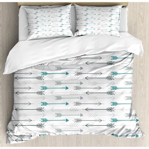 Teal Duvet Cover Set Retro Arrow Pattern in Horizontal Line Heading to Opposite Directions Art Print 3 Piece Bedding Set Grey