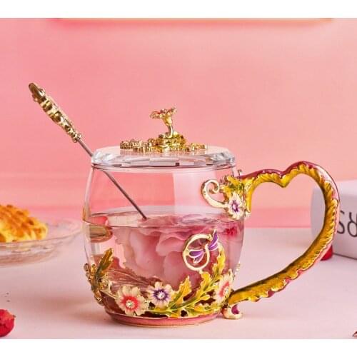 Beauty And Novelty Enamel Coffee Cup Mug Flower Tea Glass Cups for Hot and Cold Drinks Tea Cup Spoon Set Perfect Wedding Gift