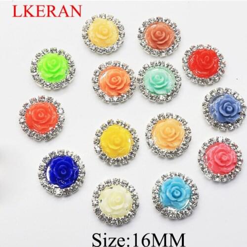 LKERAN Fashion 10Pc/lot 16mm Mini Resin Flower Shaped Rhinestone Button Flatback Brooch Button Silver Embellishment Jewelry Part