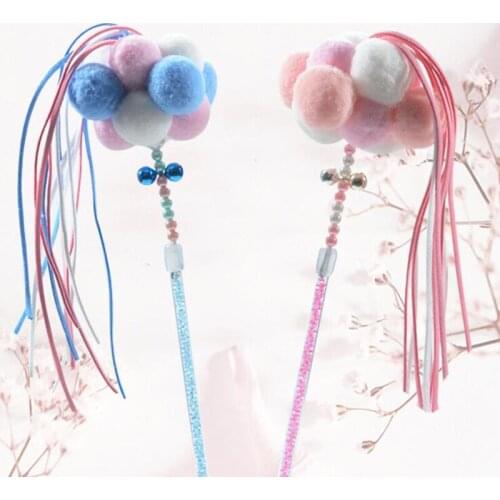 Cute Candy Color Feather Cat Teaser Polyester Ball Cat Toys Interactive Cat Baiting Stick Tassels Molar Rod For Pet Cat Play