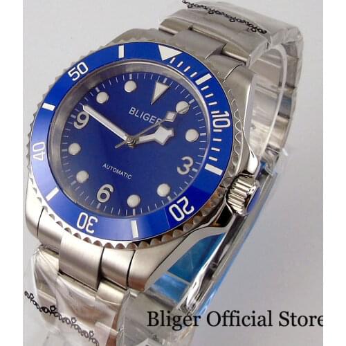 BLIGER Blue SUB 40MM Automatic Men Watch 24 Jewels NH35A Lumious Dial Ceramic Insert Brushed Oyster Strap