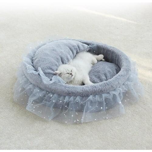 Princess Cat Bed Mat Bedding Kennels Nest Cushion Pet Sofa Portable Sleeping Beds Round Warm Cat Bed House Soft Lace Supplies