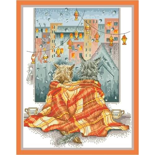 Rainy Season Cross Stitch Embroidery Complete Kit Cats Pattern Needlework 11CT 14CT Diy Handmade Crafts Home Decoration Painting