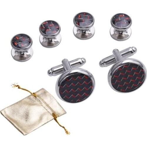 Carbon Fiber Tuxedo Cuff Links Collar Studs Set 6pcs Cufflinks Buttons Sets Black Red Wire Men Jewelry Accessory Wholesale 5Sets