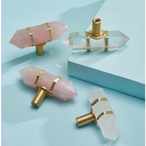 Natrual Pink Powder Crystal Handles with Brass Wire Binding Luxury Rose Quartz Amethyst Furniture Drawer Cabinet Handles Knobs