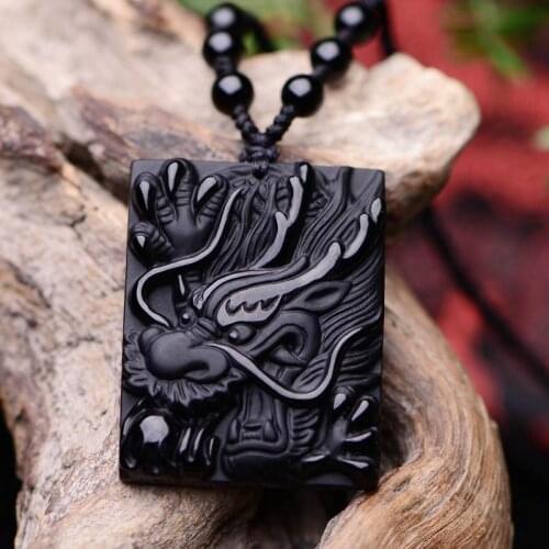 Natural Black Obsidian Stone Pendant Carved Dragon Pendant Necklace Men Jades Jewelry Free Chain