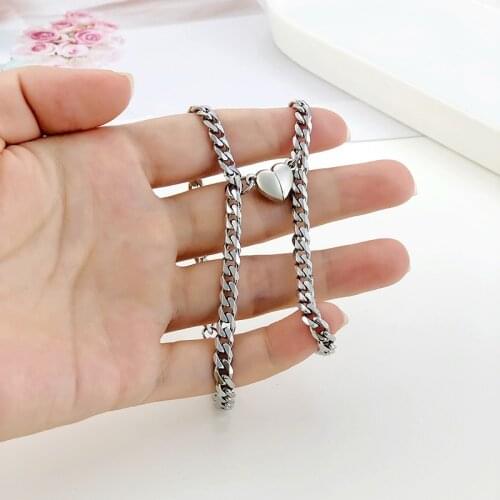 Stainless Steel Curb Chain Link Bracelet with Heart Magetic Couples Bracelet 2pieces Set Jewelry for Women Men