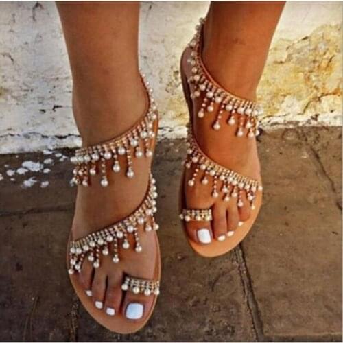 2021 New Woman Sandals Fashion Shoes Comfortable Rhinestones Chains Gladiator Flat Casual Sandals Plus Size 43 Tenis Feminino