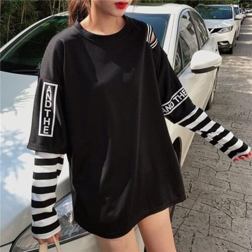 2017 Autumn fashion loose tops for women Fake two pieces patchwork stripe long sleeve letter print big size t-shirts female