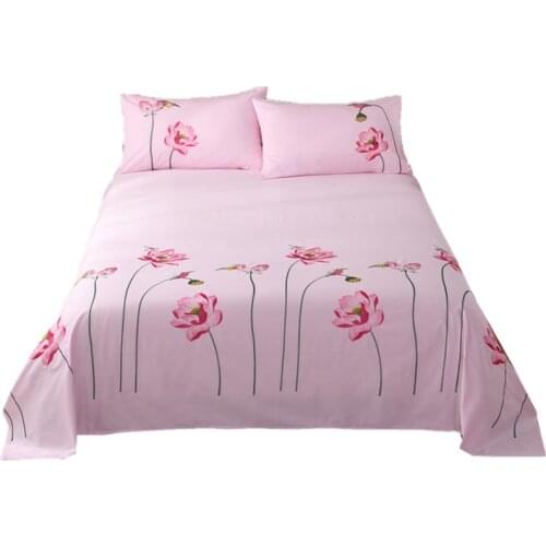Three-piece cotton twill embroidered lotus bed sheet(1 flat sheet +2 pillowcases) for home pink