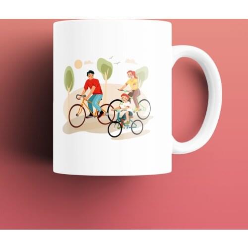 Bicycle Family Patterned, Printed White Mug Cup, Porcelain Raw Material, Handle, Gift Product, quality Mug and Printing