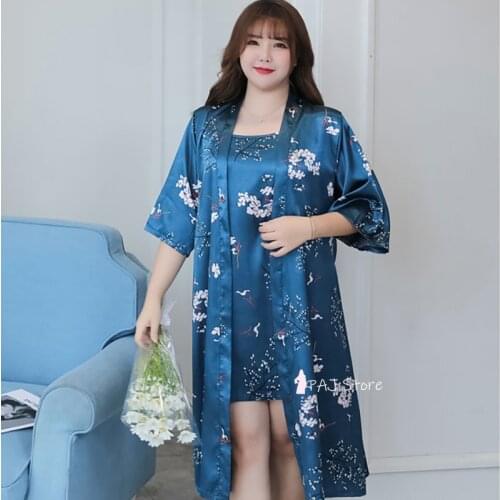 5XL 6XL 7XL Large Sizes 2Pc Silk Satin Robe Sleep Suit Womens Pajamas Gown Set Sleepwear Pijama Home Nightwear Summer Nightdress