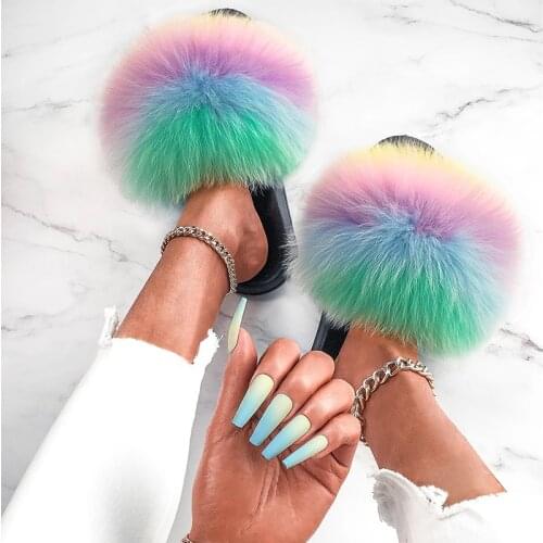 Hot Summer Womens Soft Fox Fur Slippers Ladies Fluffy Plush Slides Female Cute Furry Luxury Shoes New Casual Beach Flip Flops