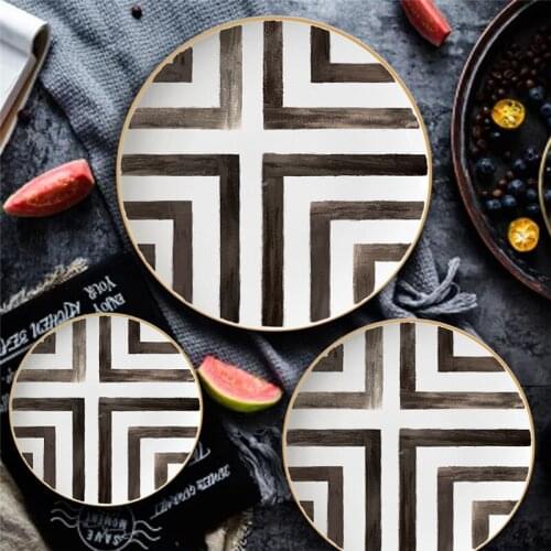 Bone China Plate Round Plate Platos Tray Dinner Set Cross-Border Pattern Restaurant Grid Plate Gold Food Dish Assiette Porcelain