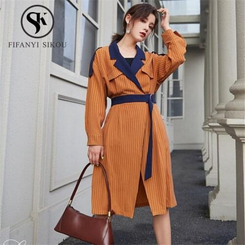 Spring Women Fashion Striped Trench Coat 2020 New Lapel Lace up high quality Long Trench Coat Female Loose Casual Thin Outerwear