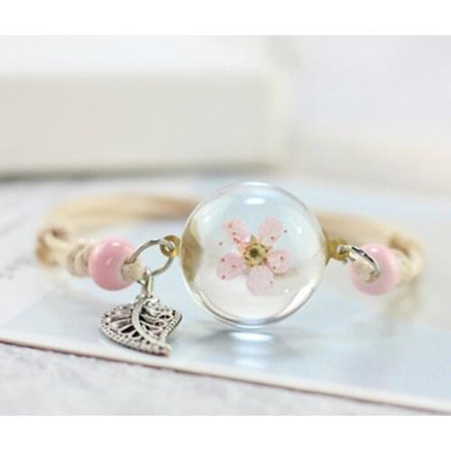 Vintage Charm Glass Ball Bracelet Romantic Dry Flowers Glass Ball Bracelet Boho Adjustable Bracelets for Women Girl Jewelry Gift