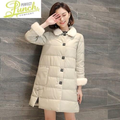 Genuine Womens Down Winter Leather Jacket Women Sheepskin Coat Mink Fur Collar Long Korean Chaqueta Mujer F8261 KJ1622