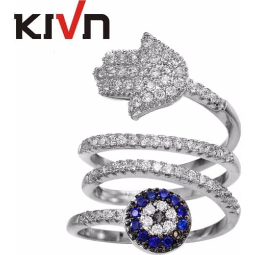 KIVN Fashion Jewelry Hamsa Hand Blue eye CZ Cubic Zirconia Bridal Wedding Engagement Rings for Women Christmas Birthday Gifts