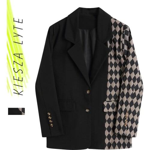 Women Vintage Black Plaid Stitching Blazer New Lapel Long Sleeve Loose Fit Jacket Fashion Tide Spring Autumn 2021 coats