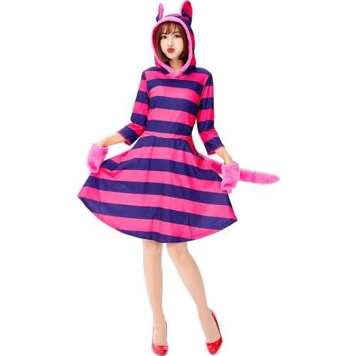 Alice in Wonderlands Cheshire Cat Women Halloween Carnival Purim Party Cosplay Animal Costume Striped cat costume Dress