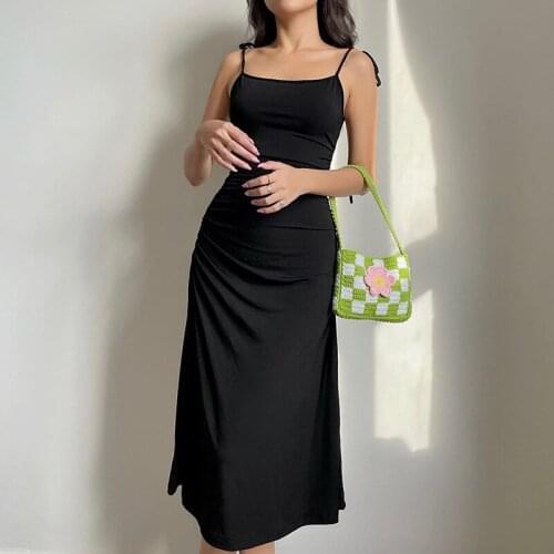 Womens Solid Color Sling Dress Elegant Vintage Sleeveless Backless Sexy Fit Wild Slim Midi Dress Summer Streetwear