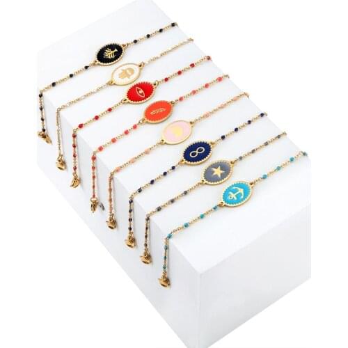 Gold star evil eye leaves multiple shapes dripping oil Copper inlaid oval shell crystal charms adjustable bracelet for women