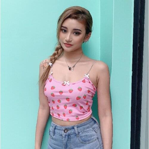 Summer 2020 Hip hop Street style bowknot strawberry print bodice top