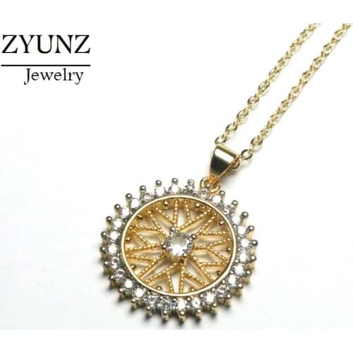 4PCS, Classic Crystal Zirconia Pendant Necklace Fashion Jewelry Round Flower Shaped Womens Micro Pave CZ Gold Color Jewelry