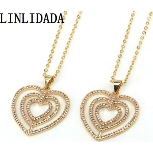 5Pcs Delicate Charm Heart Cz Pave Necklace, Gold Crystal Heart Necklace, Brass Cubic zirconia Pendant Necklace Jewelry Gift