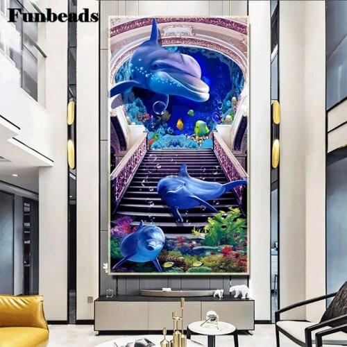 Large Undersea Dolphins Diamond Painting 5D Full Square round Diamond Embroidery Mosaic Sea Coral,Aisle entrance decor FF5592