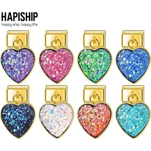 Hapiship 2021 New Top Gold Romantic Shiny Heart Italian Links Charm Fit 9mm Stainless Steel Bracelet DIY Making Jewelry DJ397