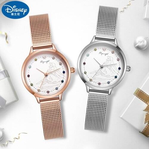 Disney Top Brand Original Princess Rapunzel Womens Watches Steel Strap Rhinstone Ladies Quartz Clocks Girls Waterproof Religio