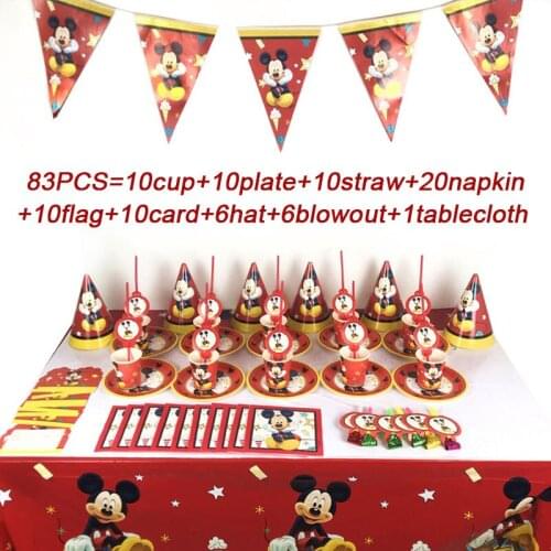Baby Mickey Mouse Party Supplies Paper Plates Cup Mickey Mouse Theme Birthday Party Flags Disposable Christmas Party Tablecloth