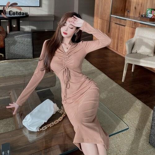 Cotday Solid Long Sleeve Halter New Spring Pleated Drawstring Chest Color Slim Wrap Hip Mid Length Buttock Wrapping Draped Dress