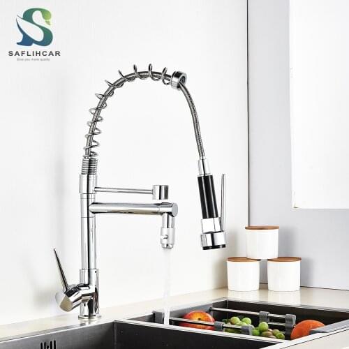 Chrome Pull Down Kitchen Sink Faucet Hot Cold Water Mixer Tap Contemporary Deck Mounted Dual Spout Dual Handle Kitchen Faucet