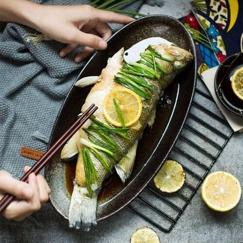 FANCITY Japanese-style kiln ceramic large oval fish plate characteristic restaurant creative tableware household dish plate stea