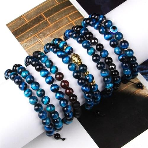 2pcs High Quality Blue Tiger Eye Braided Male Bracelets Natural Stone Beads Elasticity Rope Men Women Love Handmade Bracelets