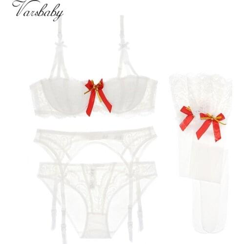 Varsbaby sexy big red bow 1/2 cup gather underwear set 4 pcs bras+panties+garters+stockings for ladies