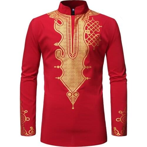 Red African Dashiki Print Mandarin Collar Shirt Men Hipster Streetwear Casual African Clothes Men Long Sleeve African Clothing