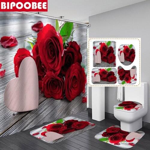 Red Rose Flower Bath Mats Set Valentines Day Fabric Shower Curtain Bathroom Curtains for Home Decor Non-Slip Rug Toilet Cover