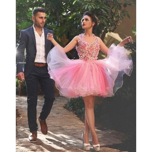 2020 New Pink Ruffle Plus Size Formal Cocktail Dresses Sexy Short Tulle Flowers Cheap Backless Homecoming Party Dresses