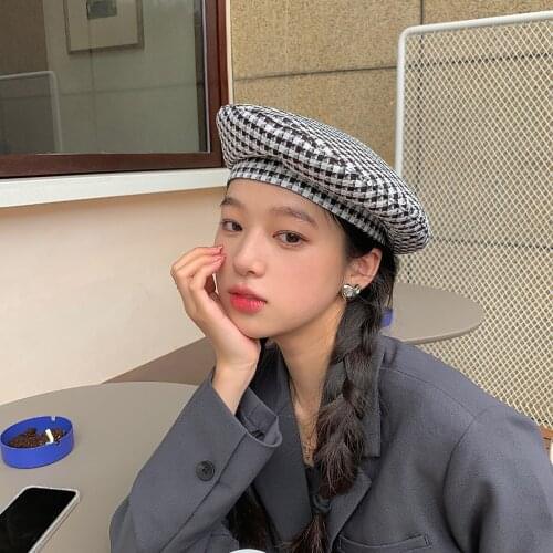 New Female Houndstooth Beret Autumn and Winter Retro Wild Painter Hat Without Eaves Adjustable Sailor Hat