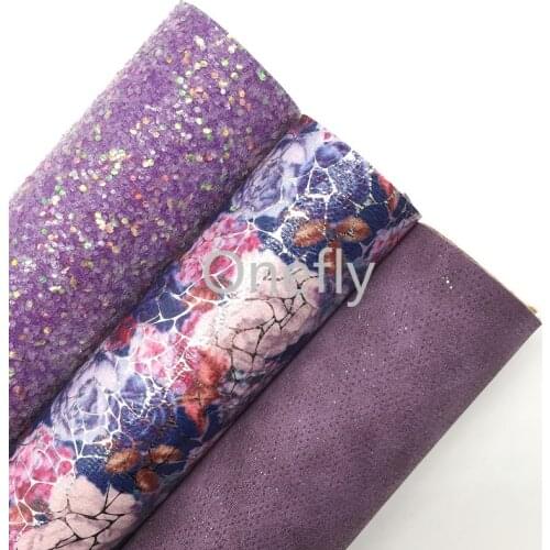 Onefly 21X29CM Purple Glitter Leather, Flowers Printed Faux Fabric, Glitter Suede Fabric Sheets For Bow DIY handbags shoes AQ071