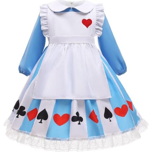 Maid Dress Lolita with Headwear Long Sleeve Striped Pleat Poker Print Lace Up Ruffles Cute Princess Dress for Girls New Arrival