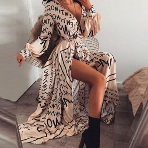 Letter Print Deep V-Neck Dress Long Sleeve Spring Summer Dresses 2021 Beach Bohemia Long Sundress Lace-Up Split Vestido Robe